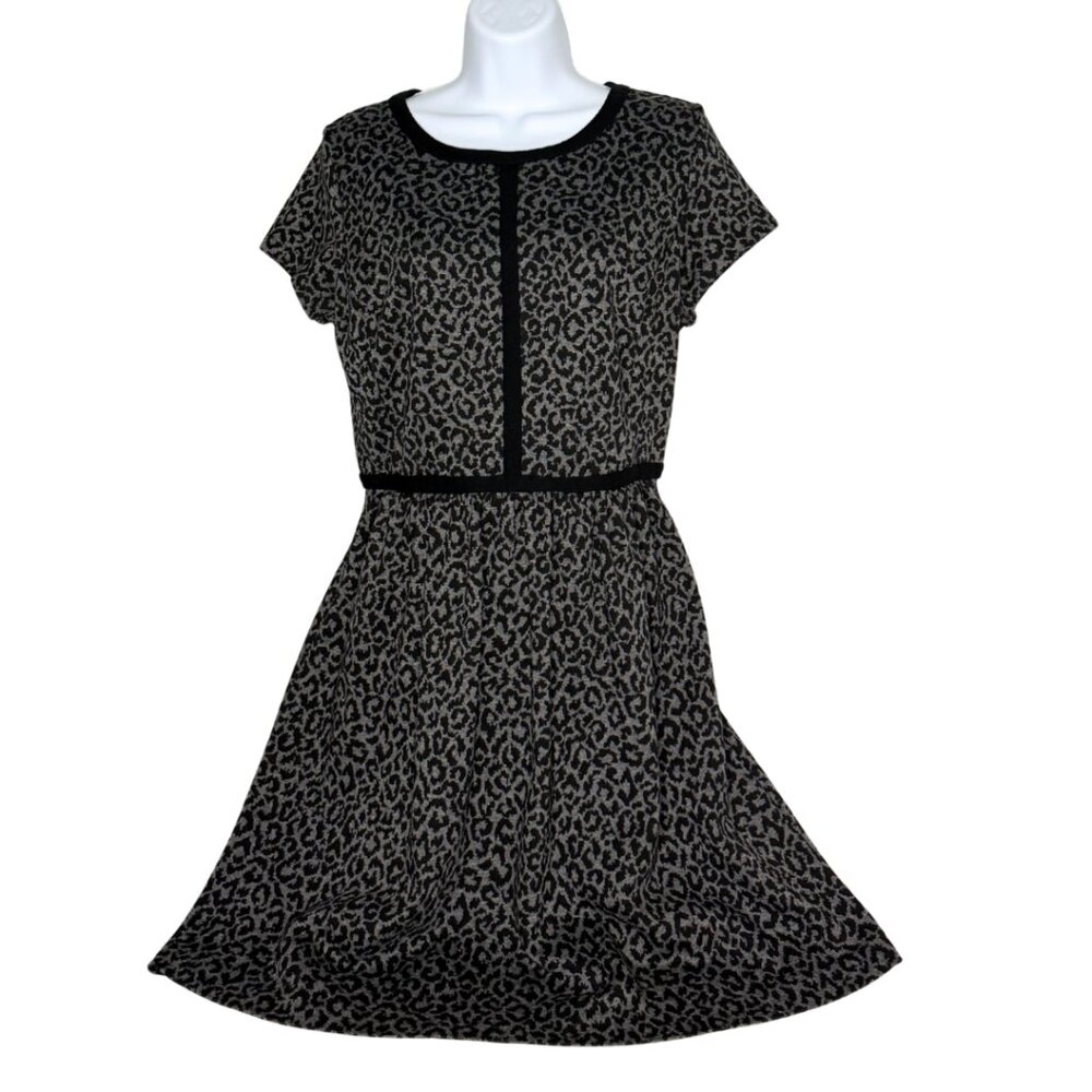 LOFT Women’s Leopard Print Fit & Flare Dress, Zipper Trim,  Black Gray, Size 10